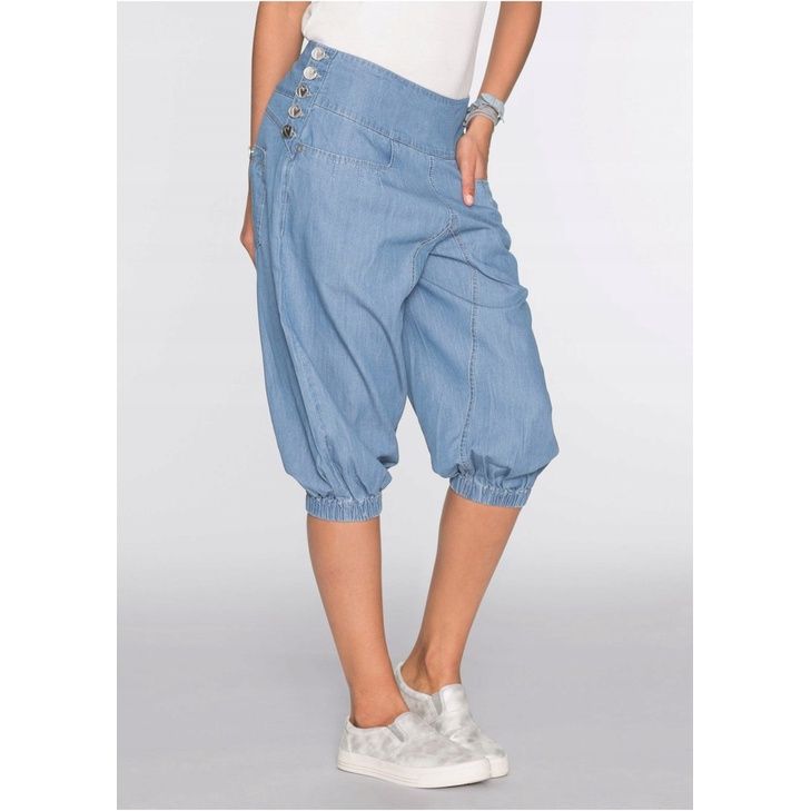 bonprix jeansowe spodnie damskie rybaczki alladynki pumpy krótkie 34