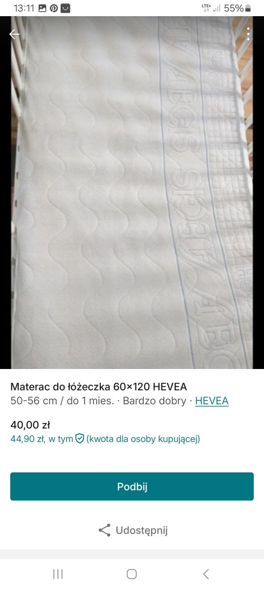 Materac Hevea 120x60 do łóżeczka antyalergiczny
