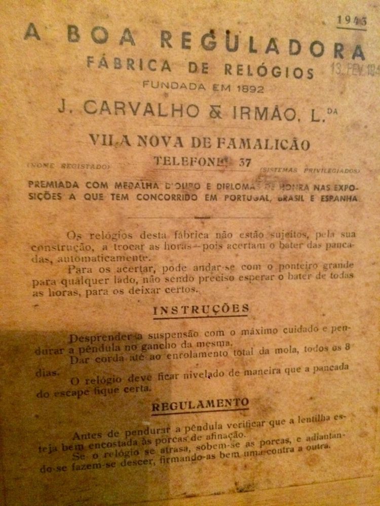 Relógio de parede antigo Reguladora (modelo Lagoa de 1943)