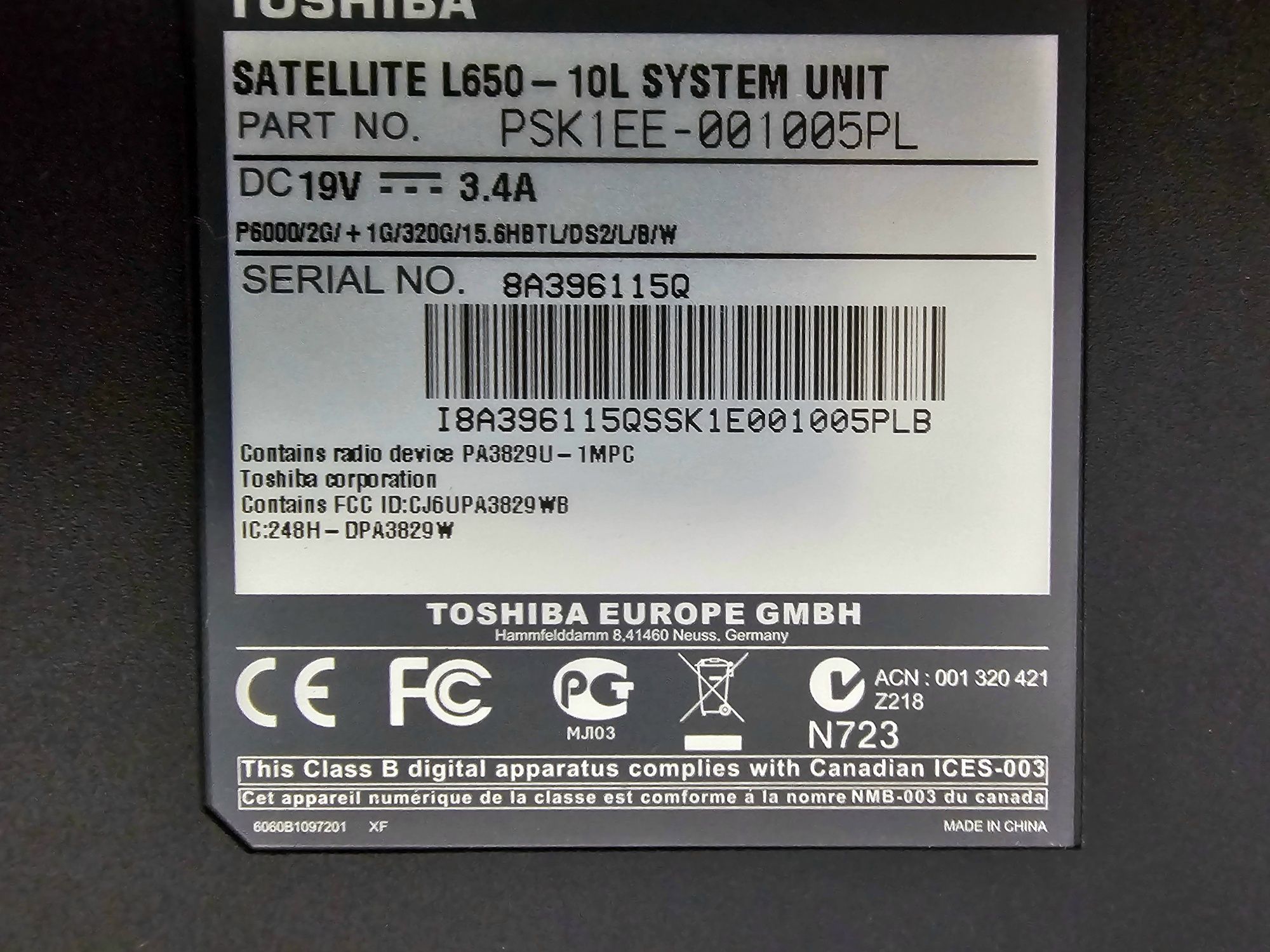 LAPTOP TOSHIBA Sattelite L650 10L 120GB  6GB RAM