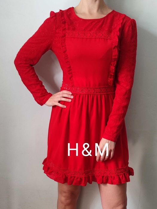 Czerwona sukienka midi koktajlowa falbany koronka H&M M