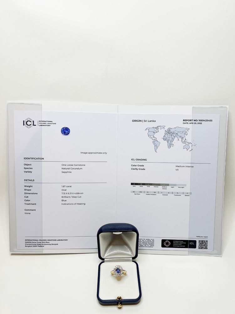 Nowy złoty pierścionek z szafirem Ceylon 1.87ct i diamentami 0.32ct