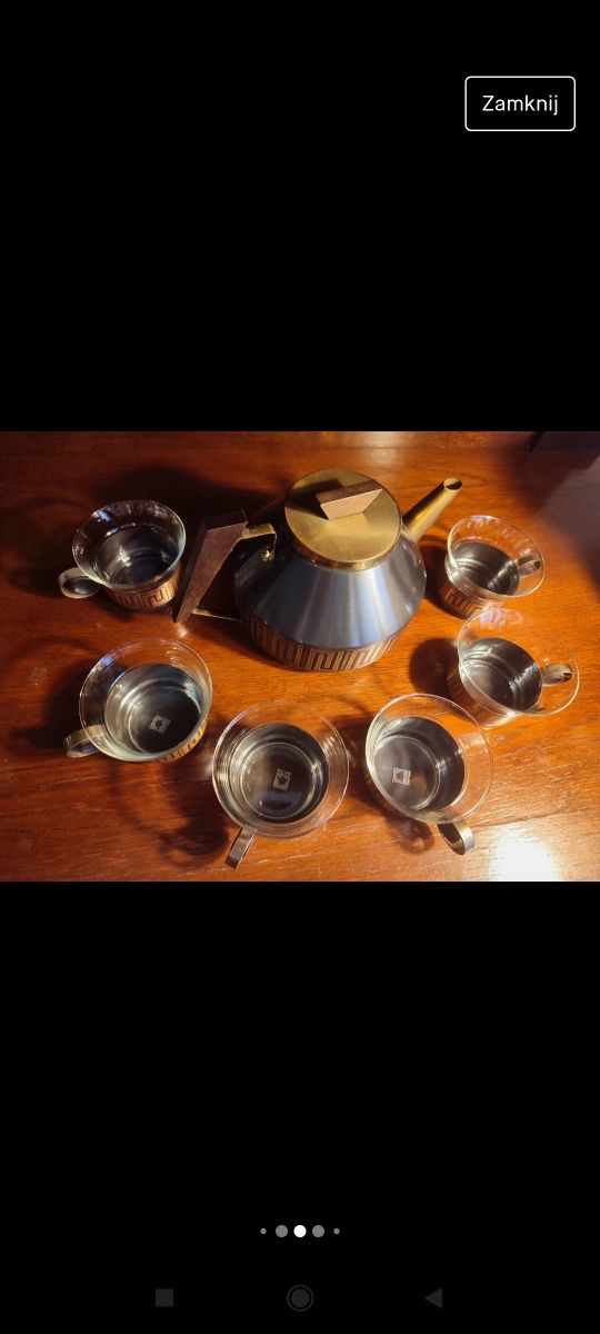 Vintage serwis do herbaty -miedziany- teak-lata 60'.
