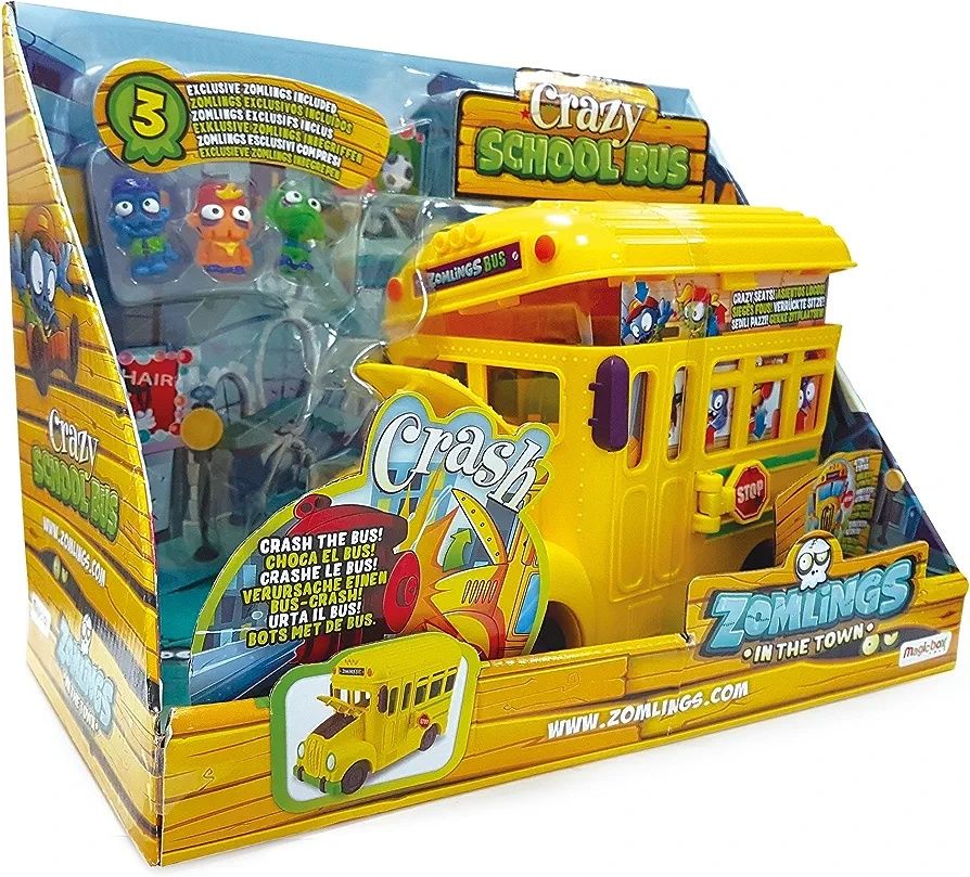 Zomlings crazy school bus mais 5 especiais, brinquedo autocarro escola