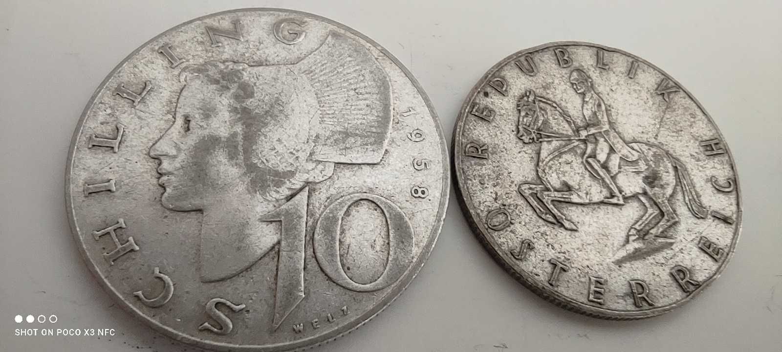 Monety srebrne zestaw 10 i 5 szylingów Austria srebro Ag