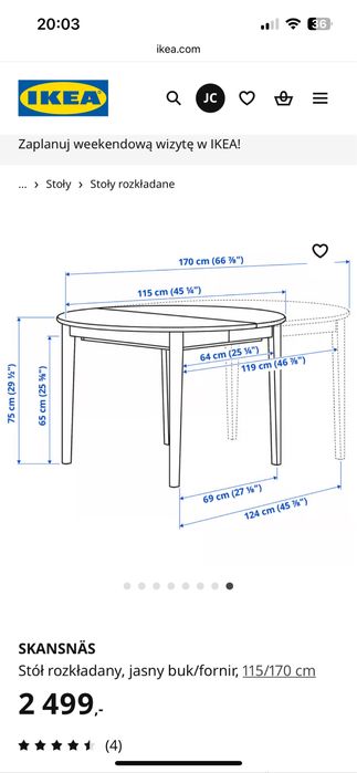 IKEA SKANSNÄS Stół rozkładany, jasny buk/fornir, 115/170 cm