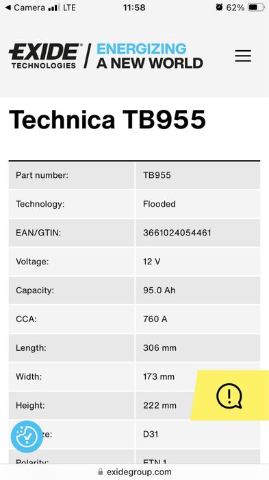 Bateria Tudor Technica 95ah 12V