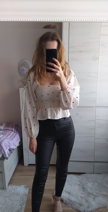 Biała bluzka z falbanką boho bufiasty rękaw kwadratowy dekolt 34 XS