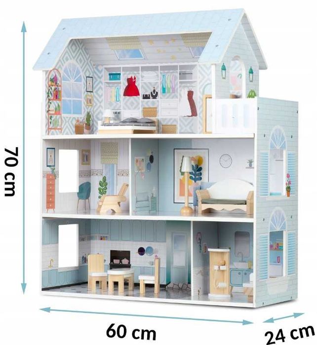 Duży niebieski drewniany domek dla lalek XXL + akcesoria