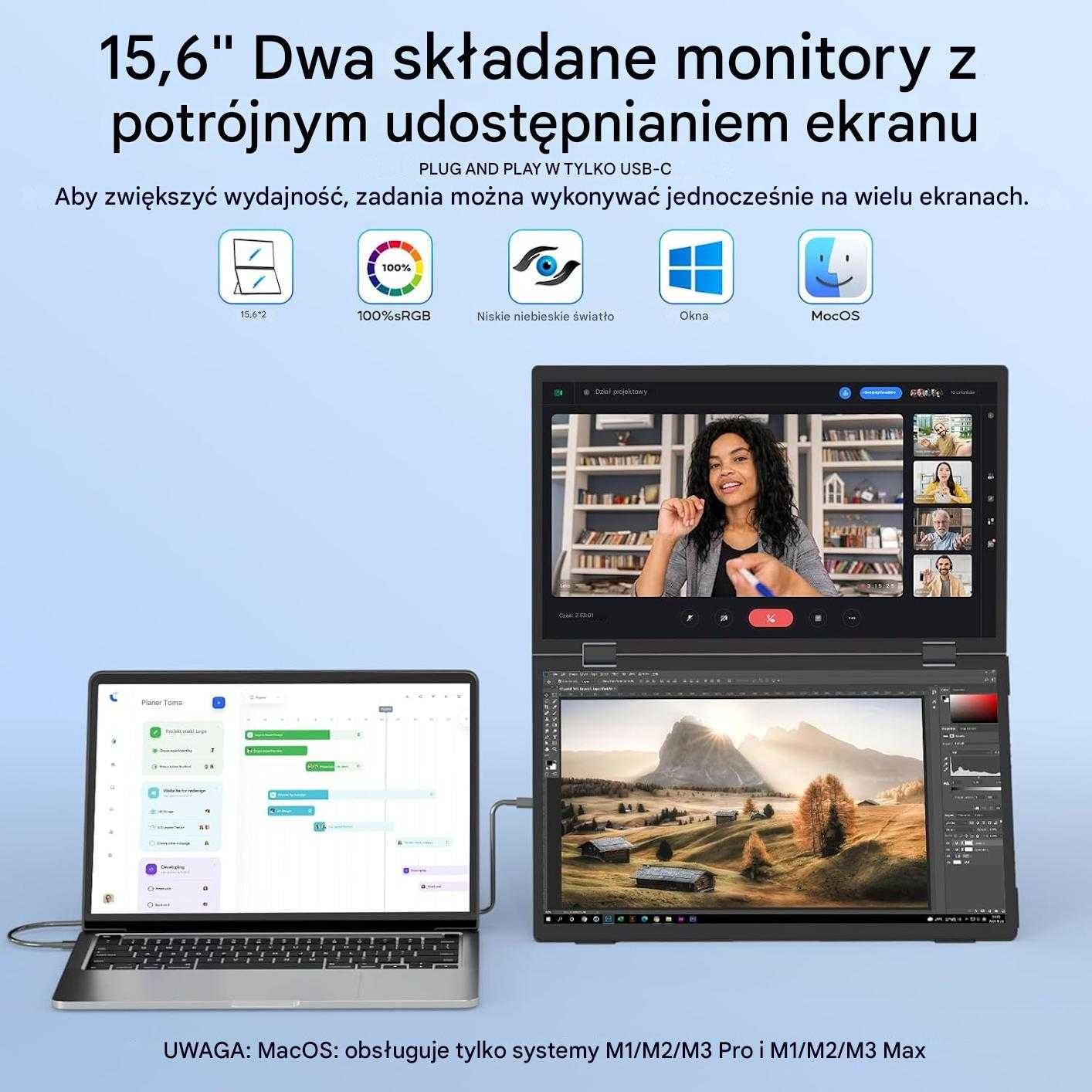 HONGO 15,6" przenośny podwójny monitor, FHD 1080P