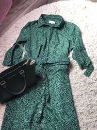 Платье макси, рубашечного типа, зеленое,принт леопард