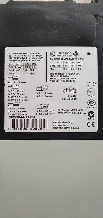 Softstart SIEMENS SIRIUS typ. 3RW3044-1AB04, 30 kW