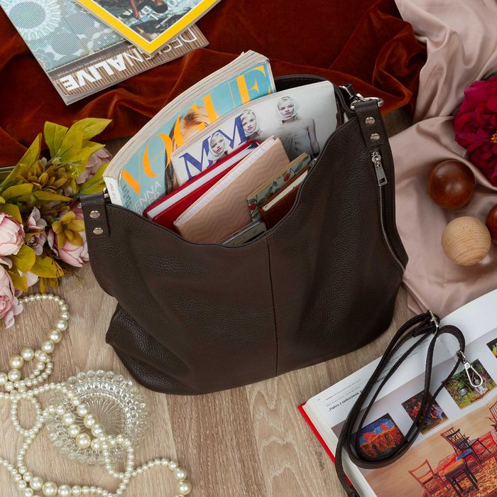 VERA PELLE torebka skórzana worek z paskiem na ramię V388 c.brązowa