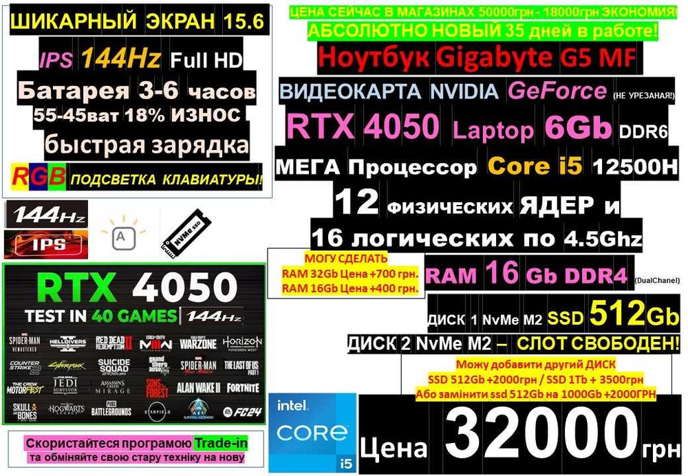 є 90 Ноутбуків‼️GigaBayte 144Гц‼️RTX4050 6Gb‼️i5 16яд/SSD 512/RAM16-32