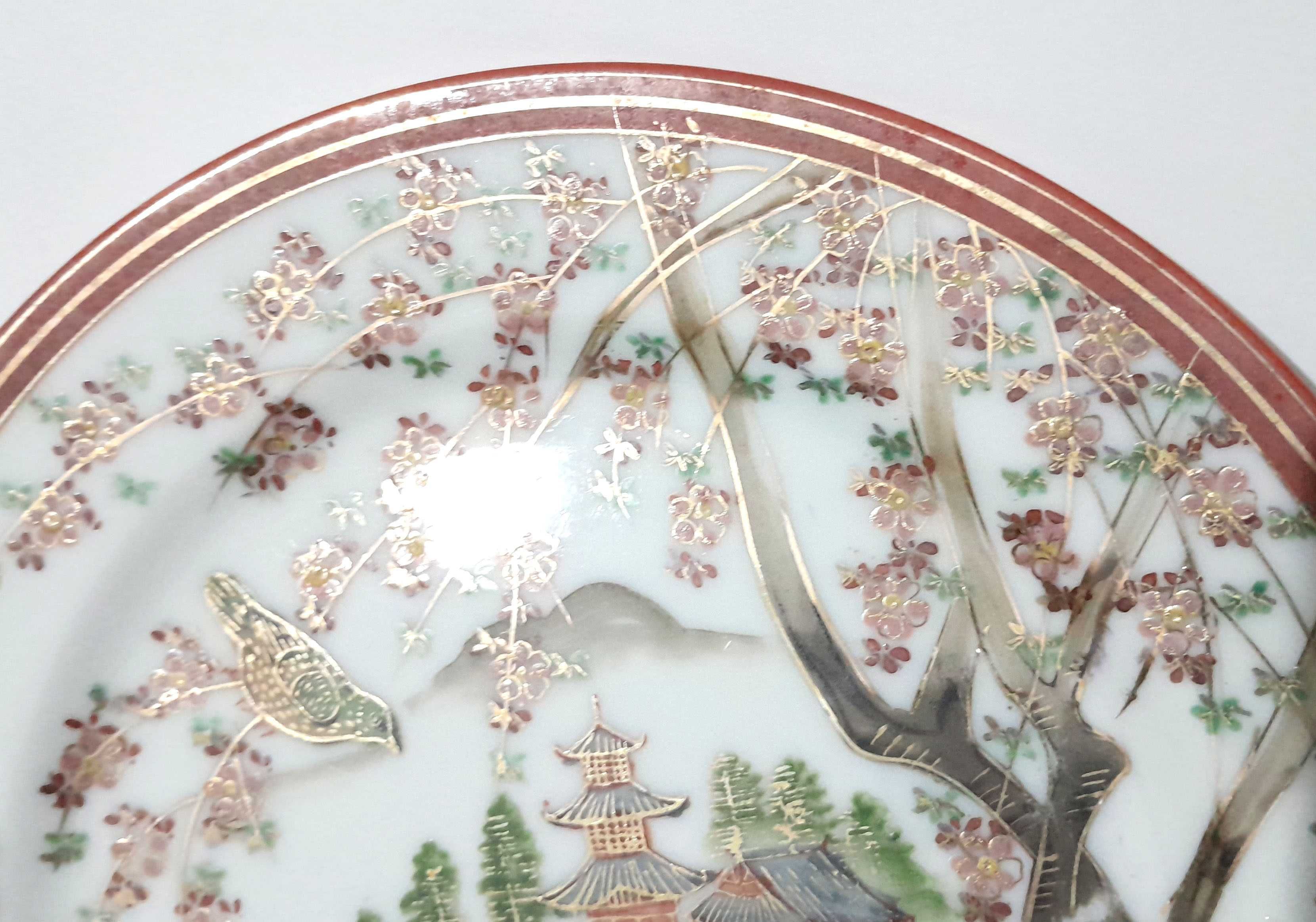 Prato e chávena de chá c/motivos orientais porcelana casca de ovo