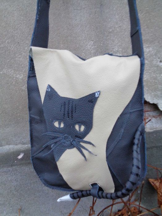 Artystyczna torebka skórzana z kotem. Handmade