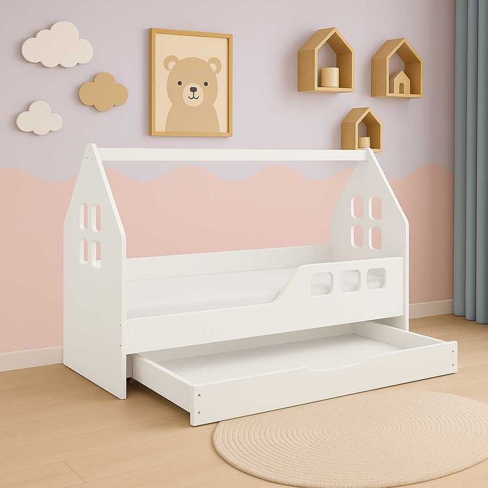 Łóżko dziecięce DOMEK z SZUFLADĄ 160x80 BIAŁE + materac GRATIS
