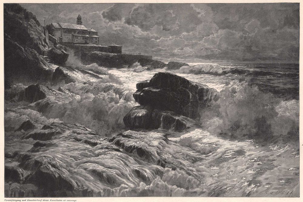 Bohm: Przybrzeżne fale. Pejzaż morski. Drzeworyt 1899 r. oryginał