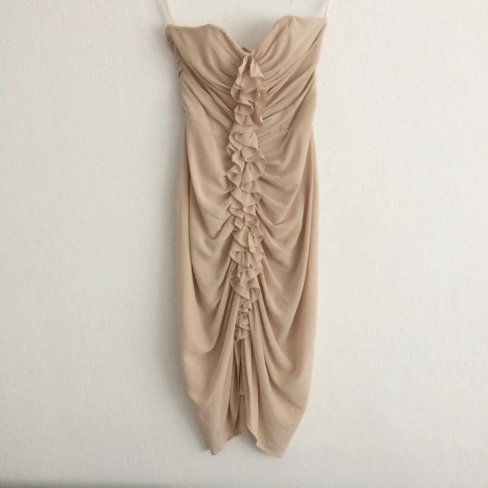 H&M sukienka beż pudrowy róż nude marszczenia elegancka XS 34 S 36