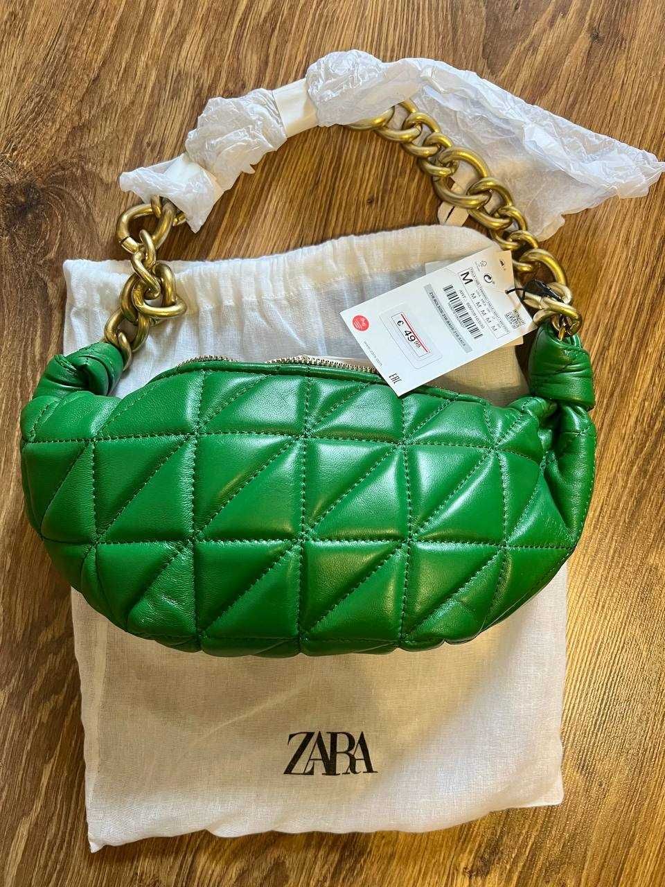 Новая зеленая кожаная стеганая сумка ZARA на цепи (ОРИГИНАЛ)