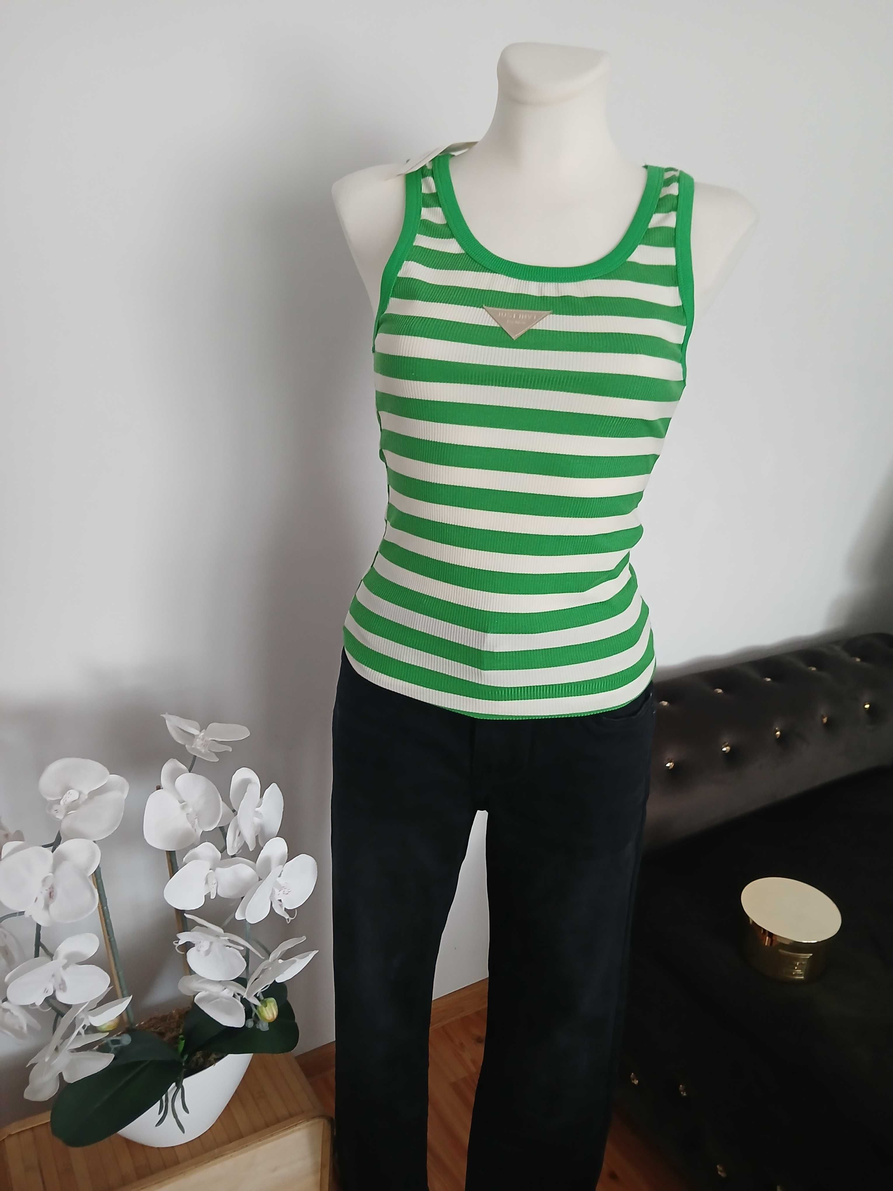 Nowy top Megi S prążek paski modny kolor gucci zieleń trójkąt bawełna
