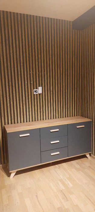 NOWA Biała Komoda RTV Pojemna Dębowa Szafka z Szufladami Do Salonu