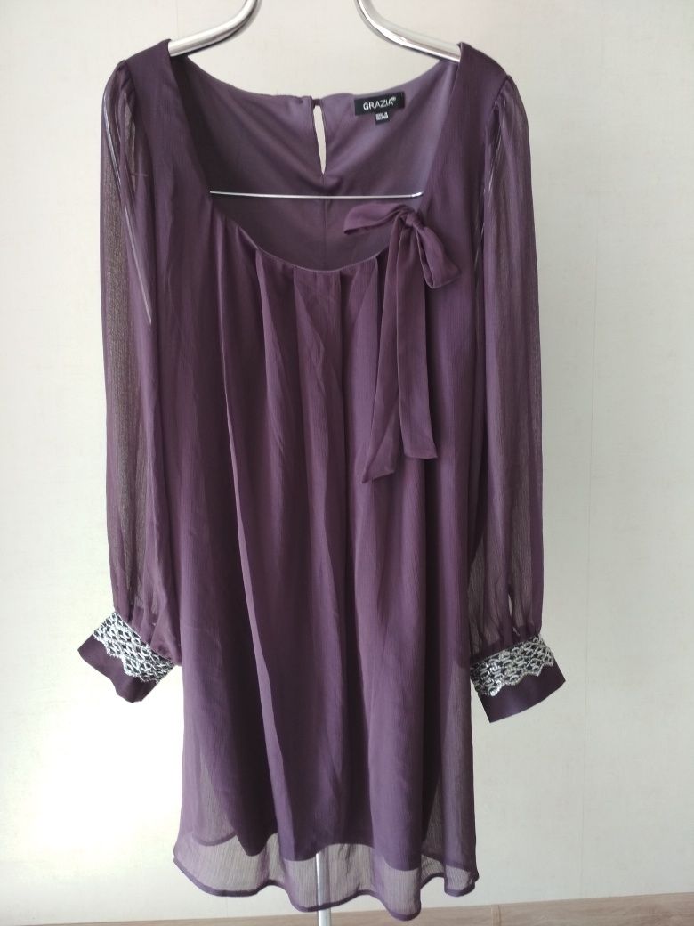 R. XL /L Sukienka z kokardą ciążowa, cekiny, śliwkowy