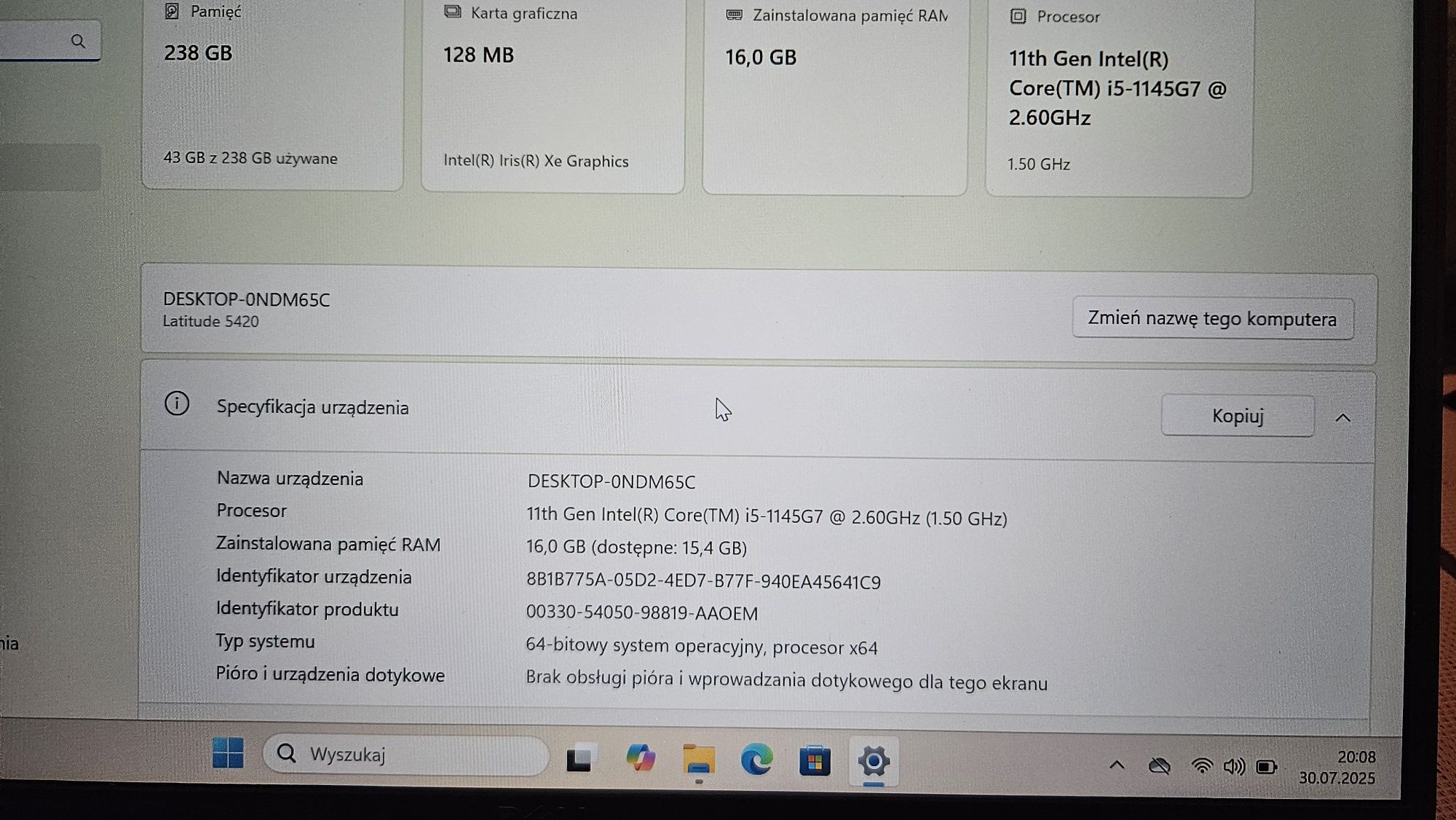 Laptop Dell Latitude 5420 i5-1135G7 16GB SSD 2022 rok bateria 6h