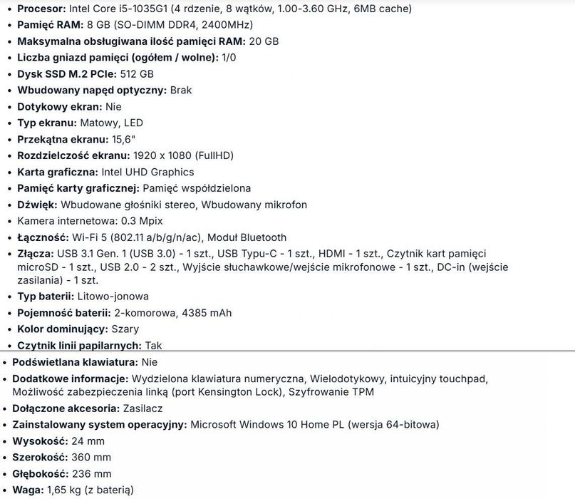 Laptop ASUS X509JA 15,6" Intel i5 1035G1 8GB
