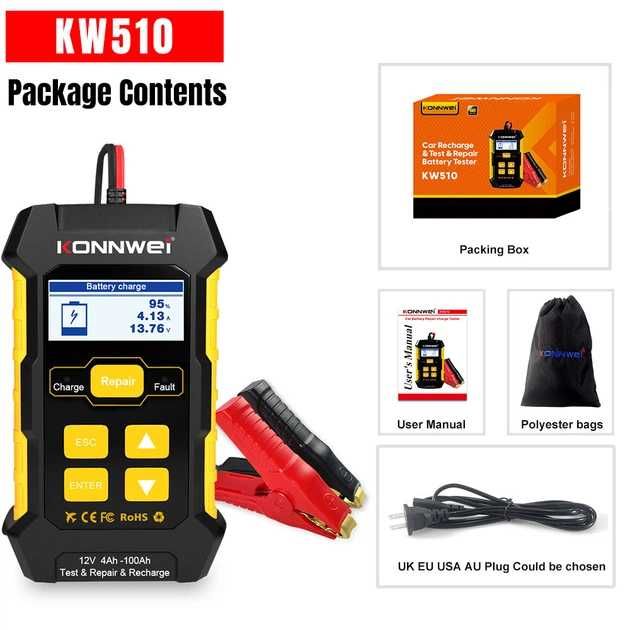 Зарядное устройство + тестер АКБ + десульфататор 3-в-1 Konnwei KW510