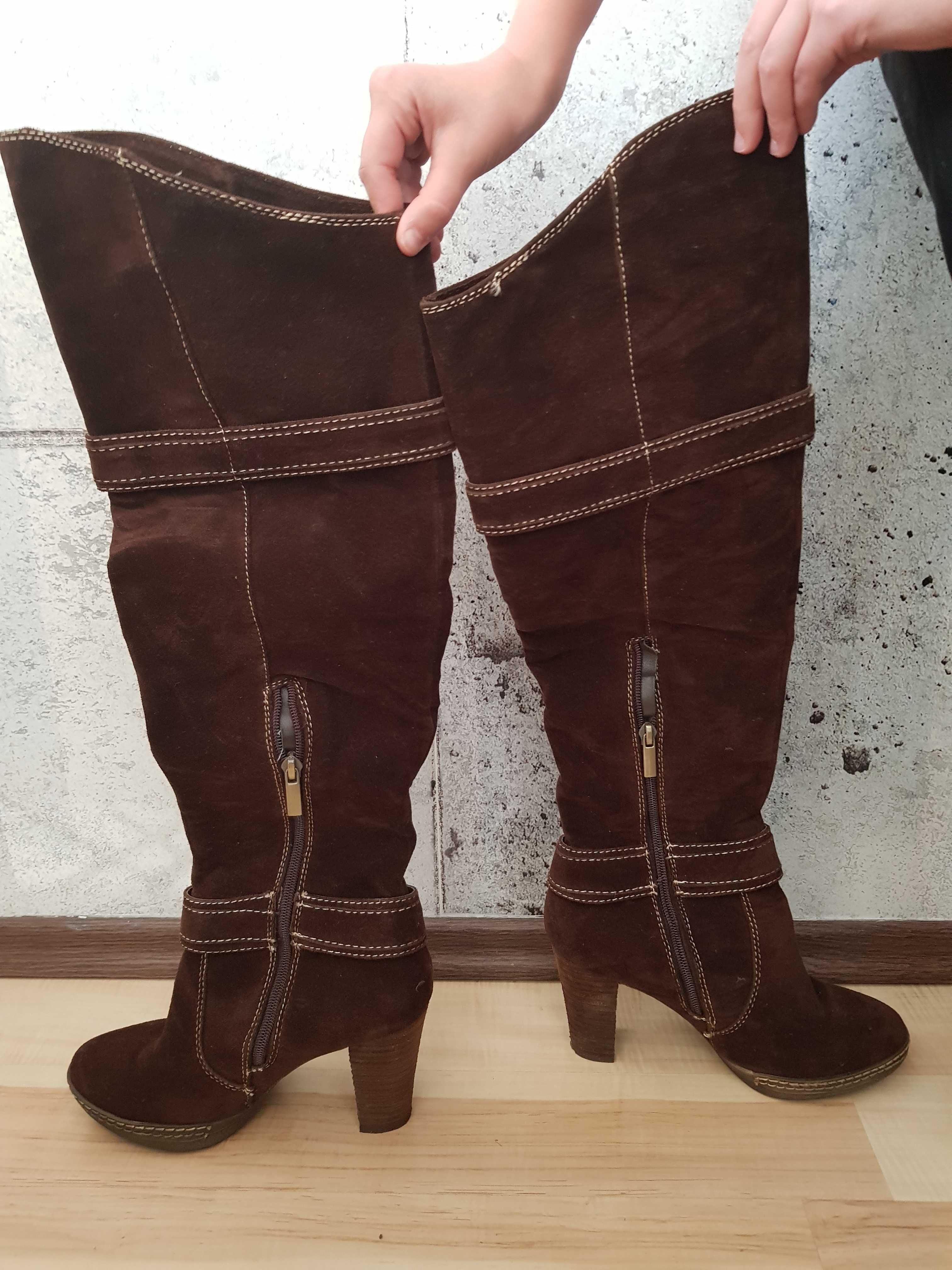 Buty kozaki skóra zamsz brązowe r. 37 nowe za kolano długie super