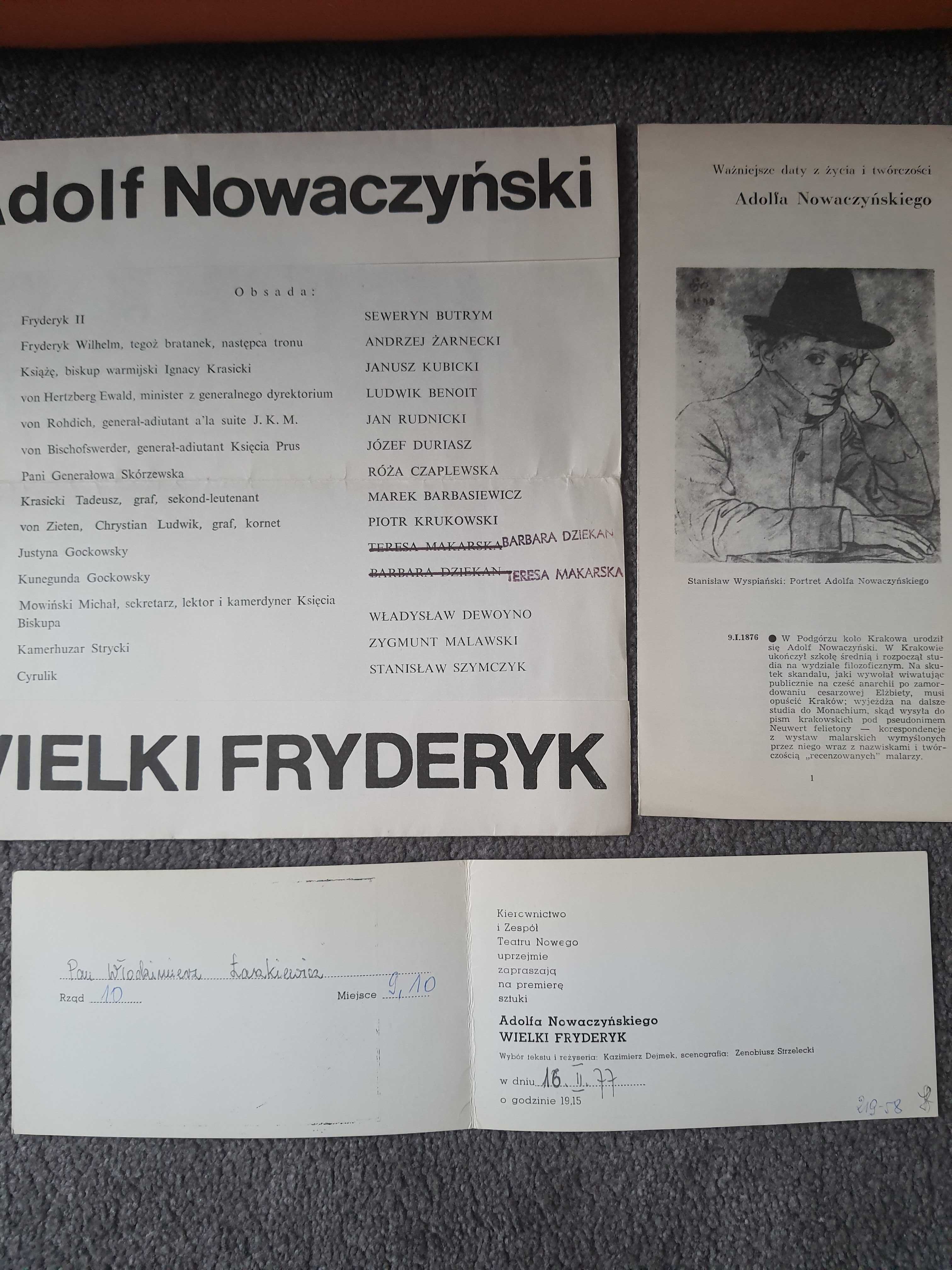 Program premiery spektaklu Wielki Fryderyk + Zaproszenie 1977r.