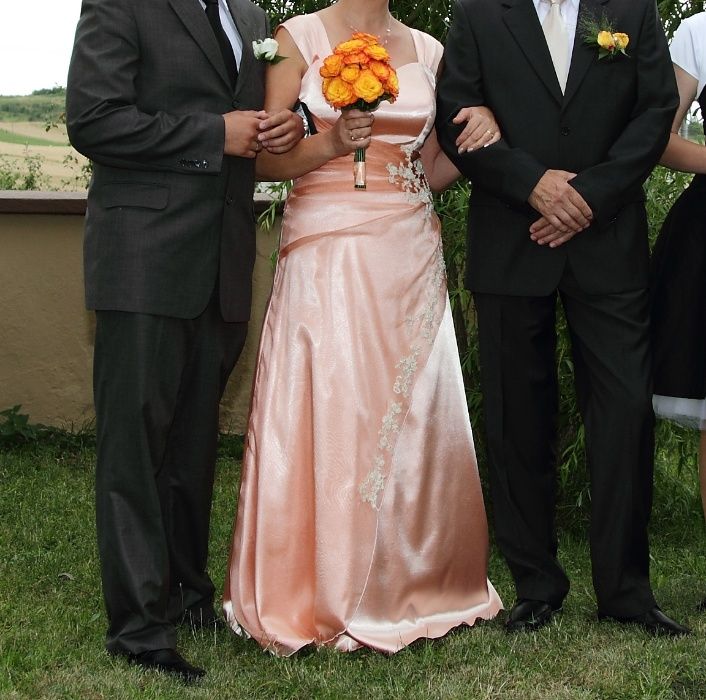 suknia ślubna satynowa szyfonowa łososiowa wesele ślub cywilny