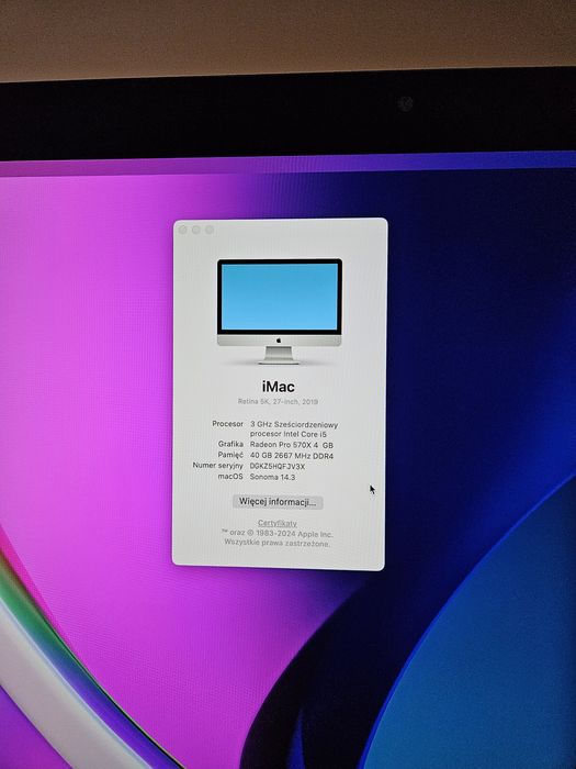Komputer Apple iMac 27' Retina 5K 40GB RAM 256GB idealny stan