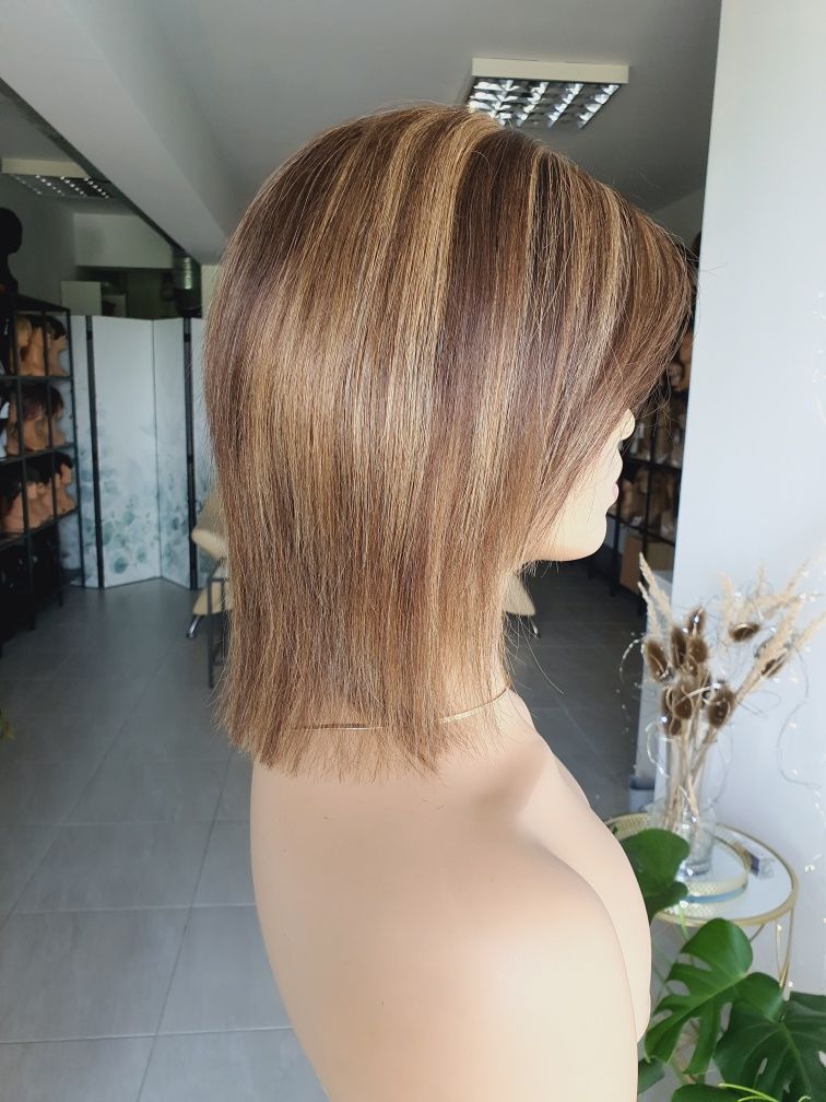 Peruka z włosów naturalnych brąz baleyage imitacja skóry silk