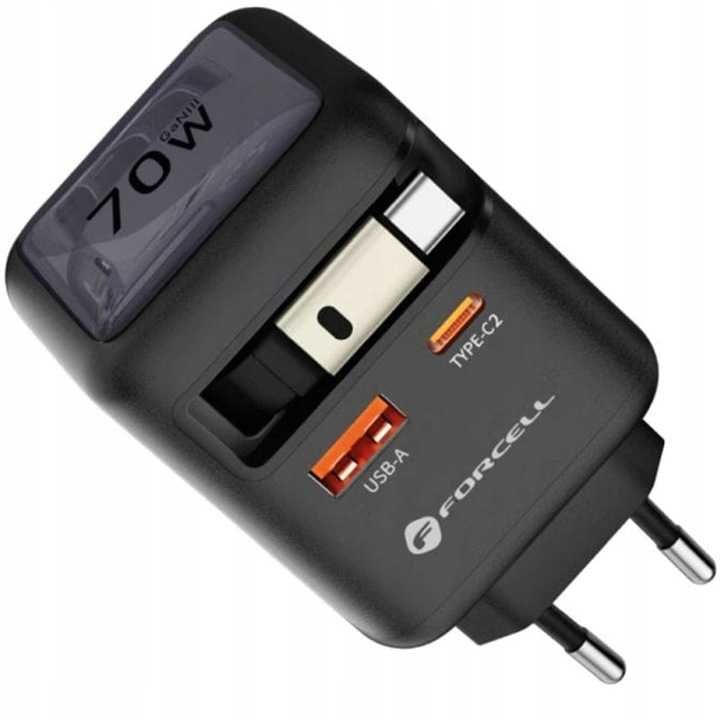 Ładowarka sieciowa GaN USB C + USB + zwijany kabel USB C PD QC4.0  70W