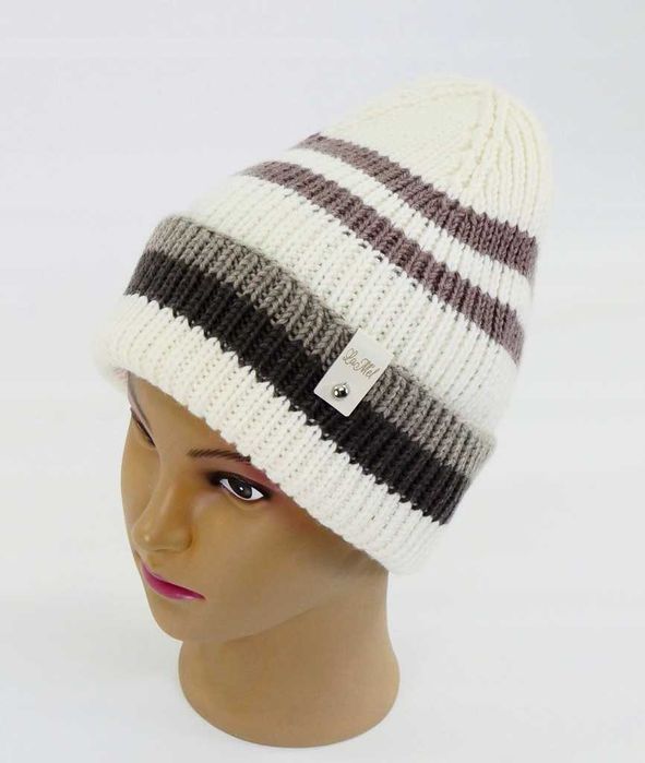 LaMel Czapka w paski unisex zimowa handmade 100%Merino obw.57 - 62cm