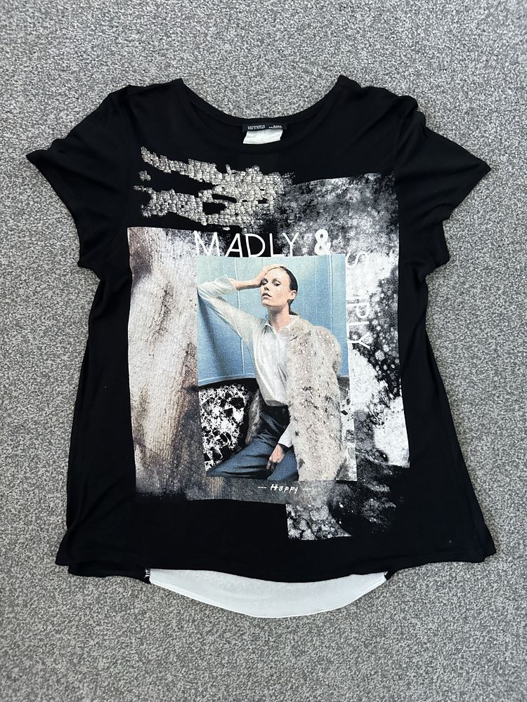 Czarna bluzka t-shirt z nadrukiem Zara 36 s