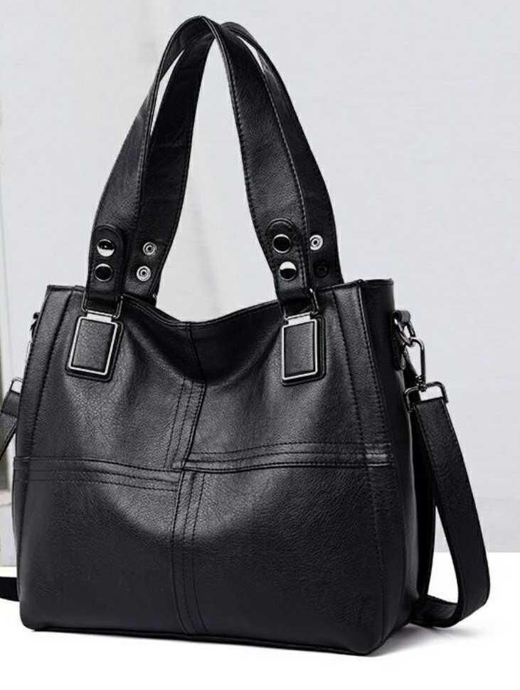 Крутая кожаная женская сумка тренд  2024 Вместительная мягкая Черная