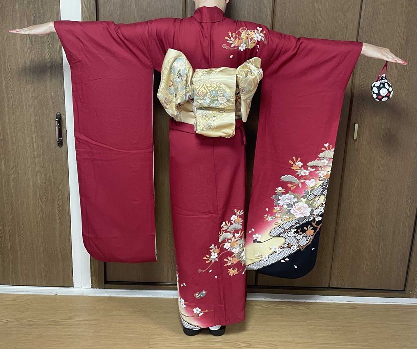 Japońskie kimono furisode + pas obi + sznur obijime + torebka
