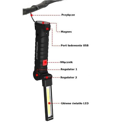 Lampa Warsztatowa Cob 3W 150Lm + 35Lm 1200Mah Aku