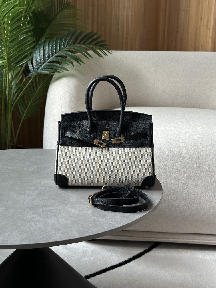 Сумка жіноча шкіряна через плече Hermes Birkin 25 Black Canvas