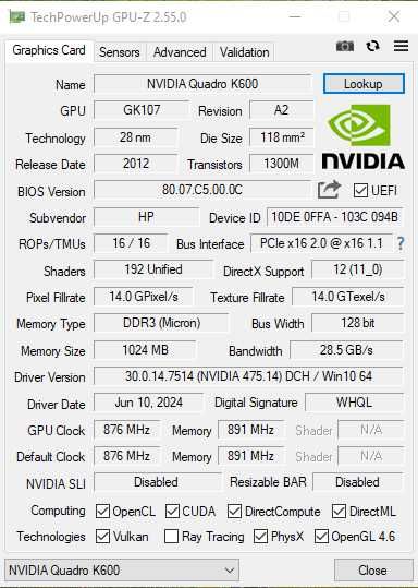 NVIDIA Quadro K600 test w 3DMark 1GB DP DVI-I Low Profile
