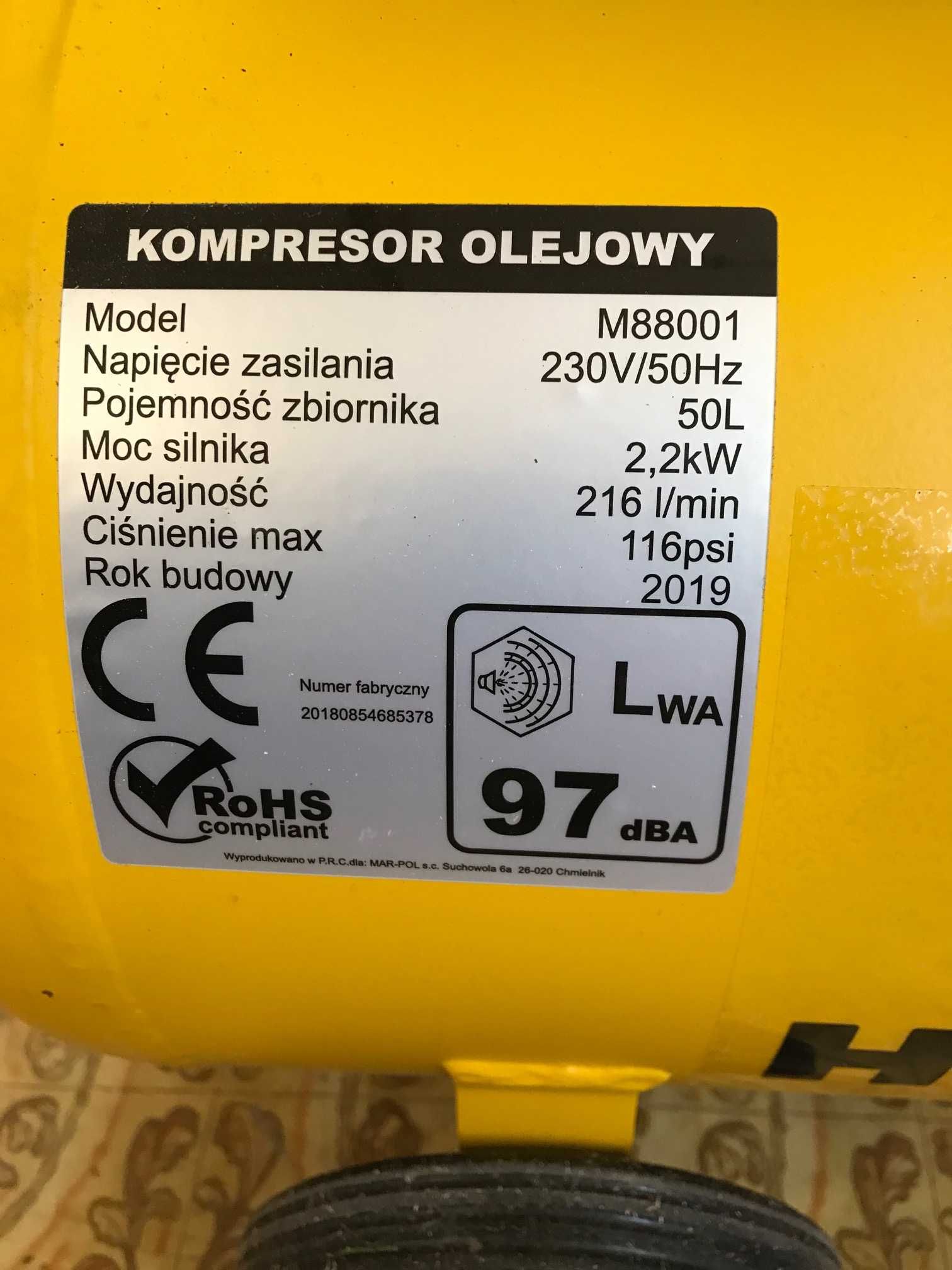 Kompresor olejowy sprężarka pojemność 50L marki HURAGAN