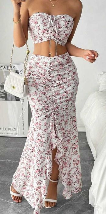 Komplet top i spódnica maxi różowe kwiaty M