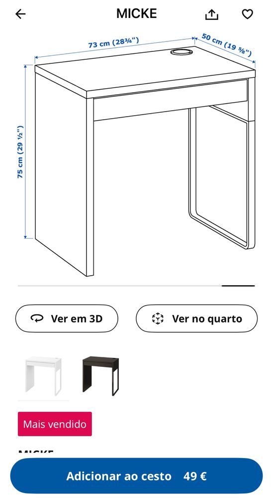 Secretária e cadeira criança IKEA MICKE 73x50 cm