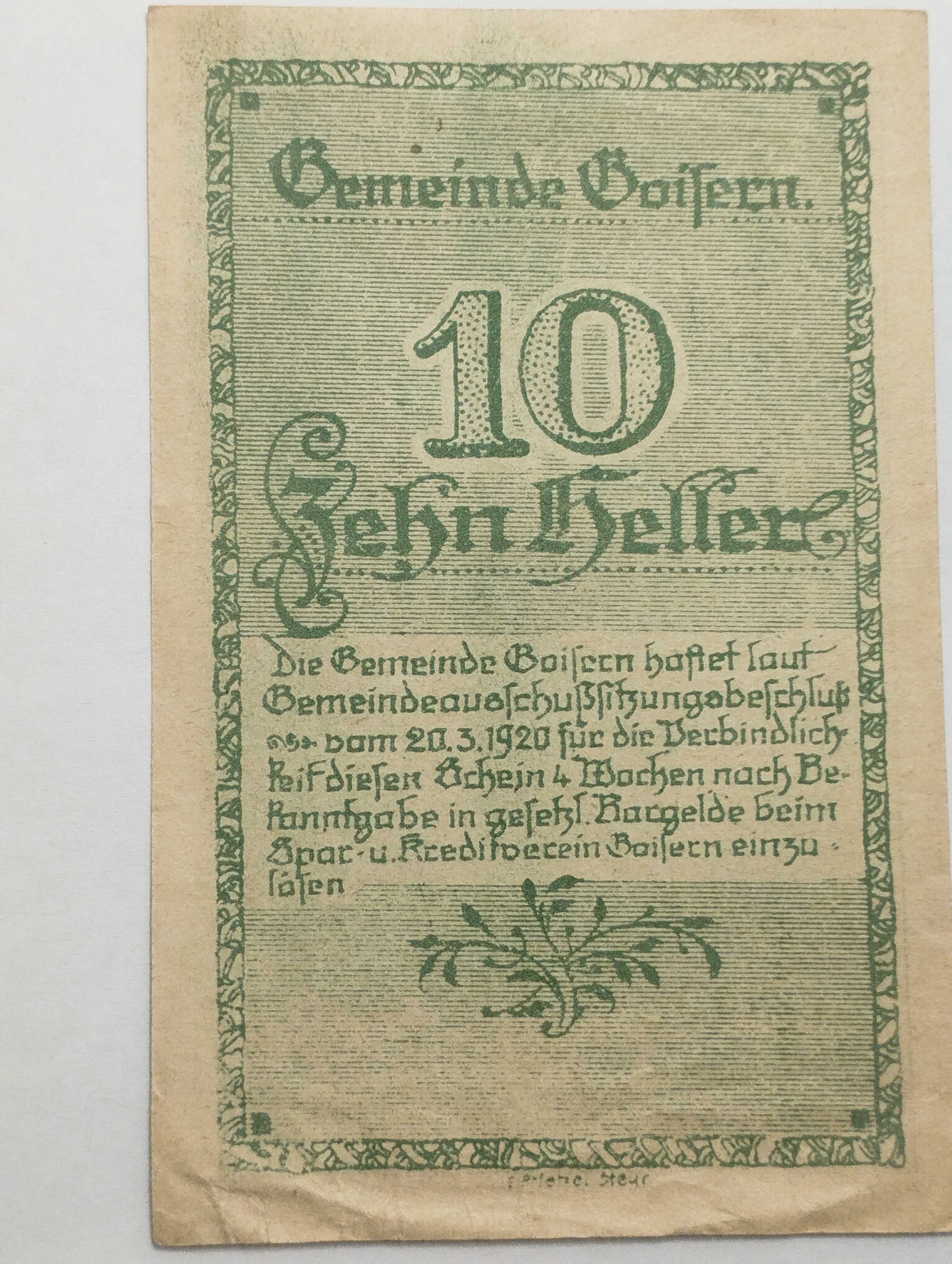 Sprzedam banknot Austria Notgeld 10 heller 1920r. gmina Goisern
