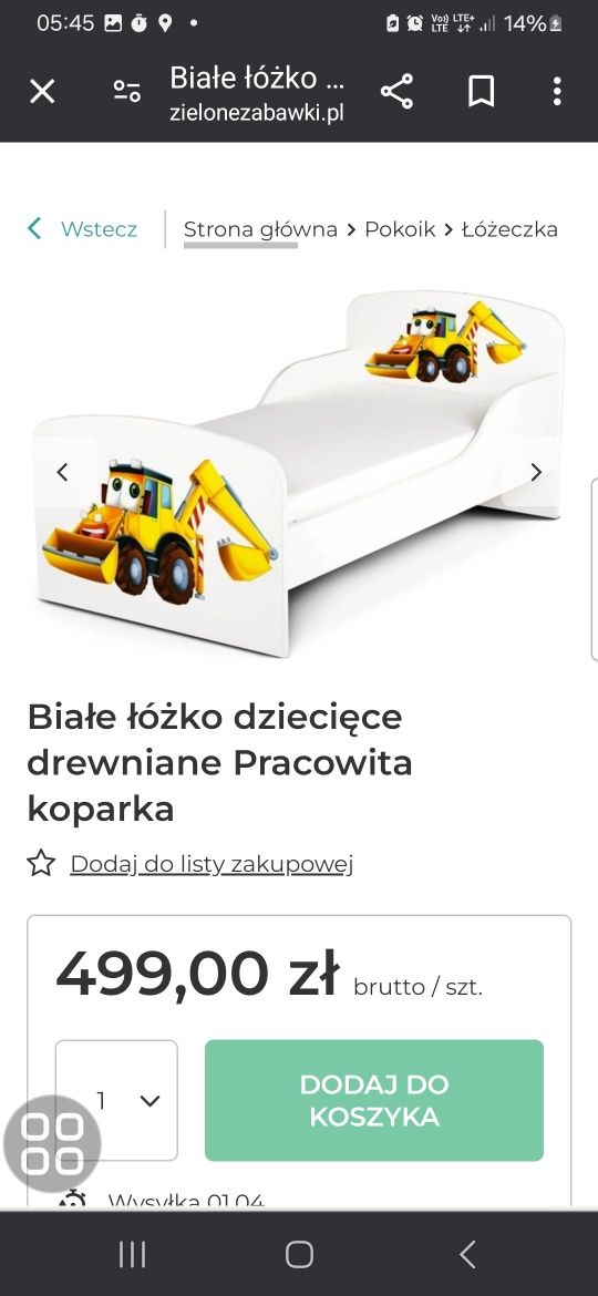 Łóżko koparka dla chłopca