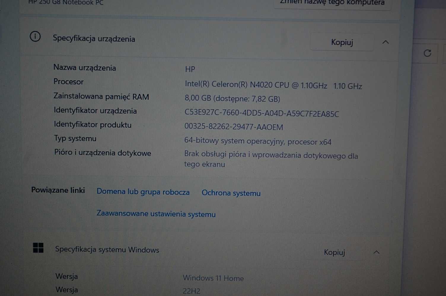Laptop HP 250 G8 15.6" Intel N4020 8GB 256SSD Intel UHD Win11