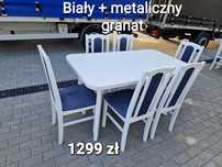 Nowe, stół rozkładany + 6 krzeseł , BIAŁY + METALICZNY GRANAT, TRANSPL